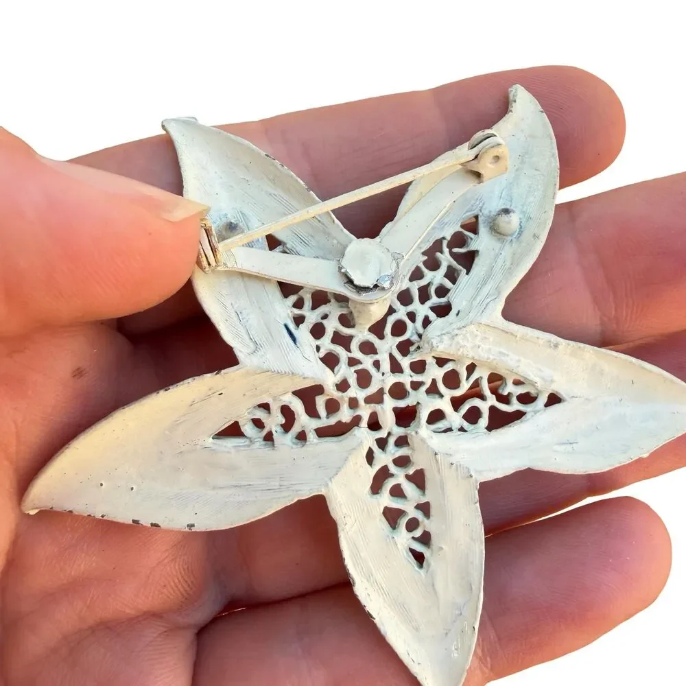 Vintage Enamel Starfish Brooch Blue Flower Pin